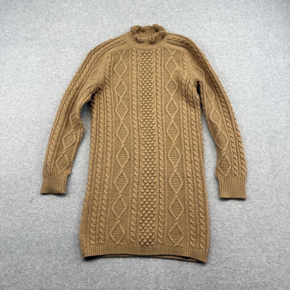 J. Crewโ Cable Knit Mini Sweater Dress Tan Brown Mock Neck Lambs Wool Size S